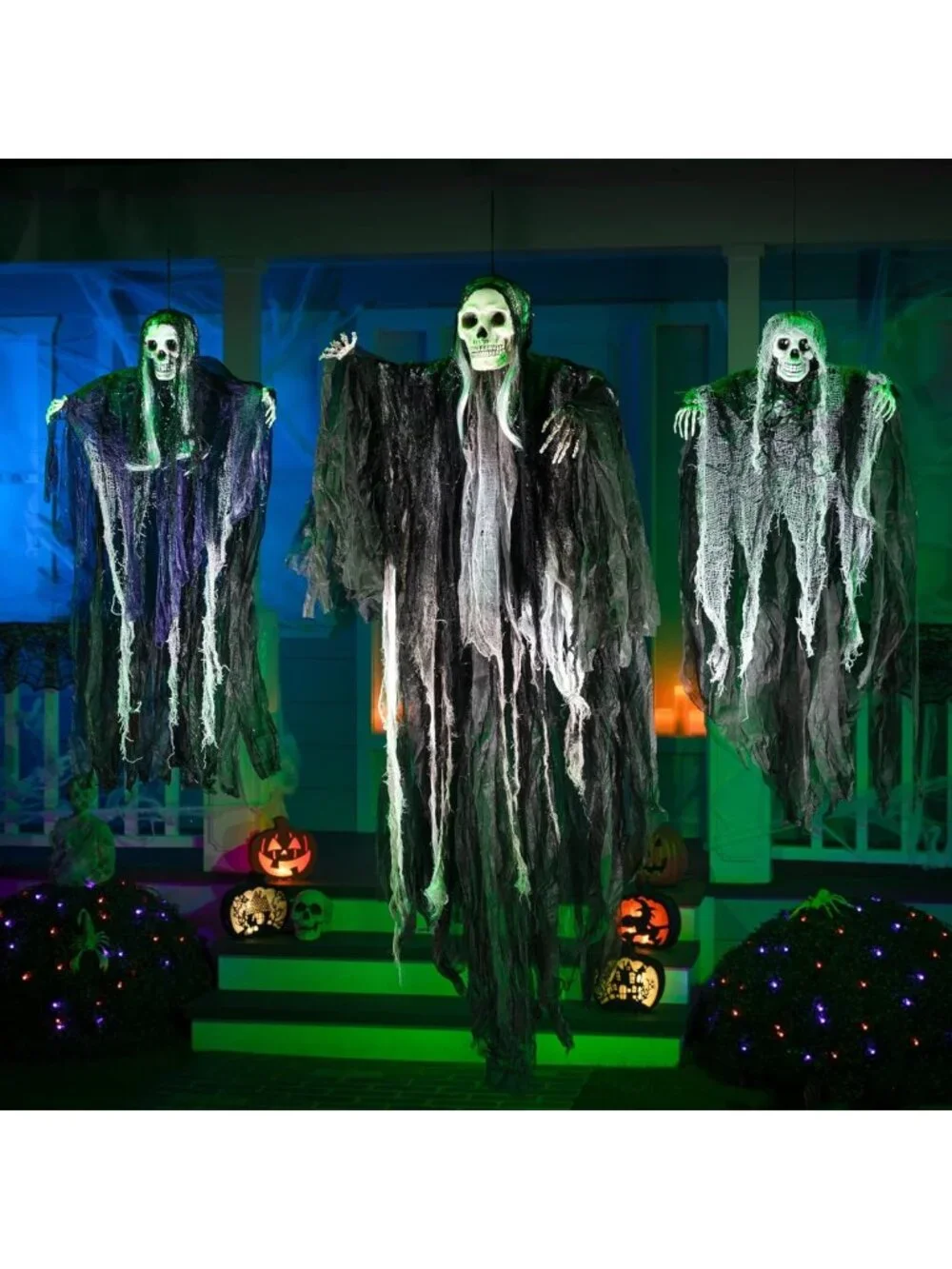 3 Pack Hanging Halloween Skeleton Ghosts & Grim Reapers - Spooky Outdoor Decor